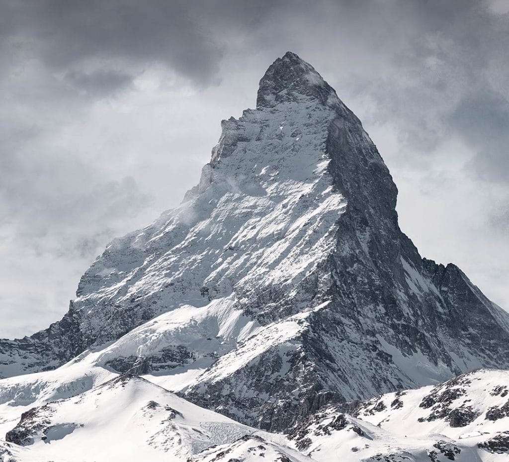 The Matterhorn on a grey, cloudy winter day.